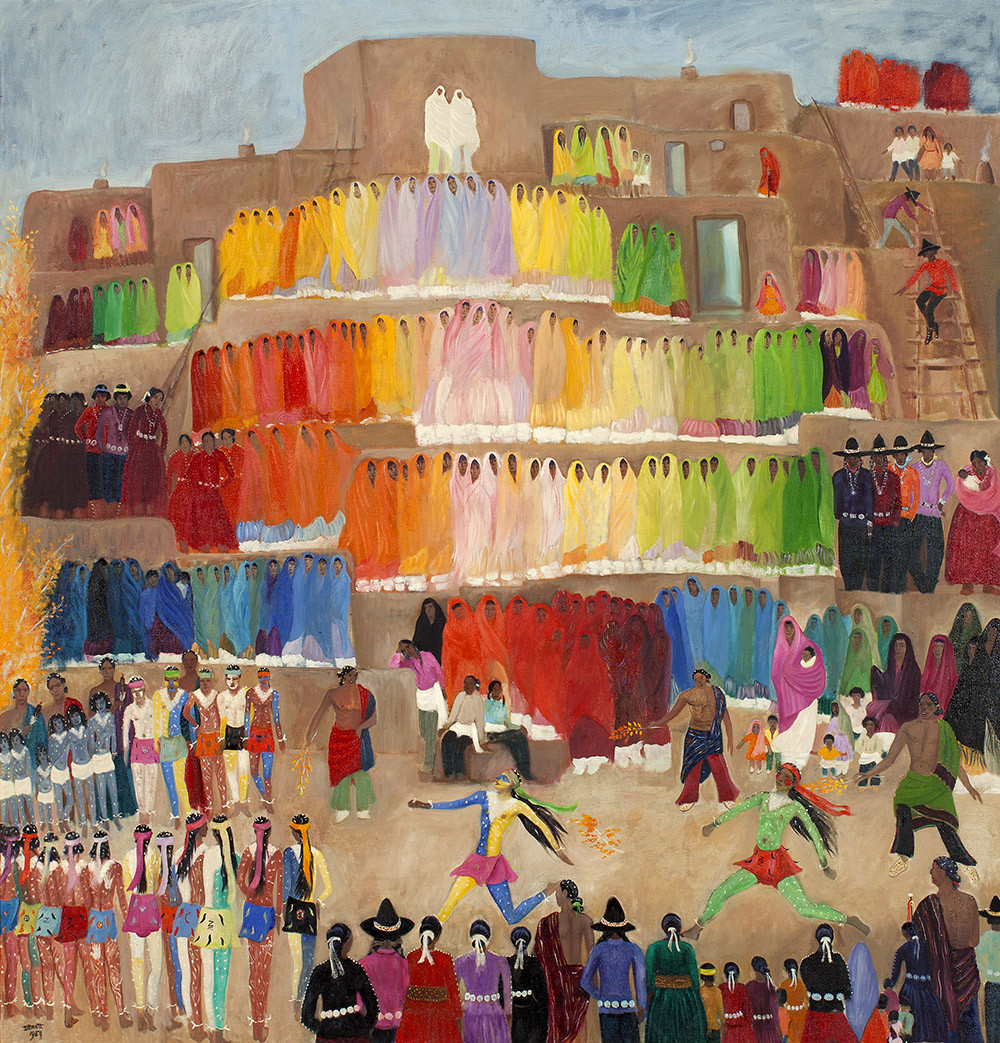 caption:Fiesta of the Foot Races by Dorothy Eugénie Brett, 1959, oil on canvas, is on display at the Fred Jones Jr. Museum of Art in Norman. The Eugene B. Adkins Collection at the Fred Jones Jr. Museum of Art, the University of Oklahoma, Norman, Oklahoma and the Philbrook Museum of Art, Tulsa, Oklahoma