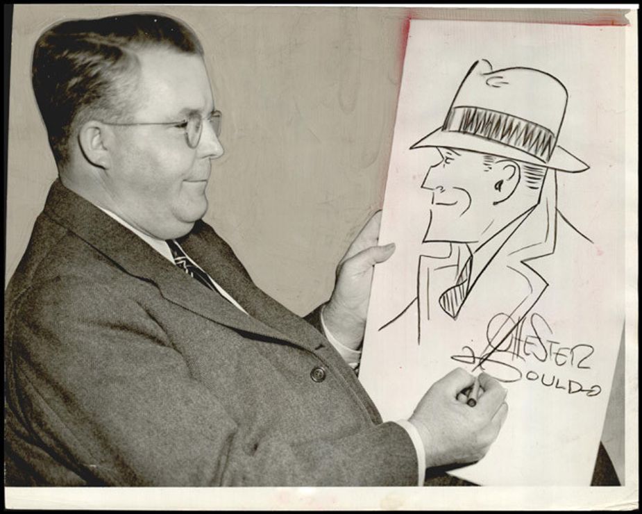 Chester Gould, pictured in 1941 with a sketch of the character who made him famous, wrote and drew the *Dick Tracy* comic strip for 46 years. Photo courtesy Oklahoma Historical Society