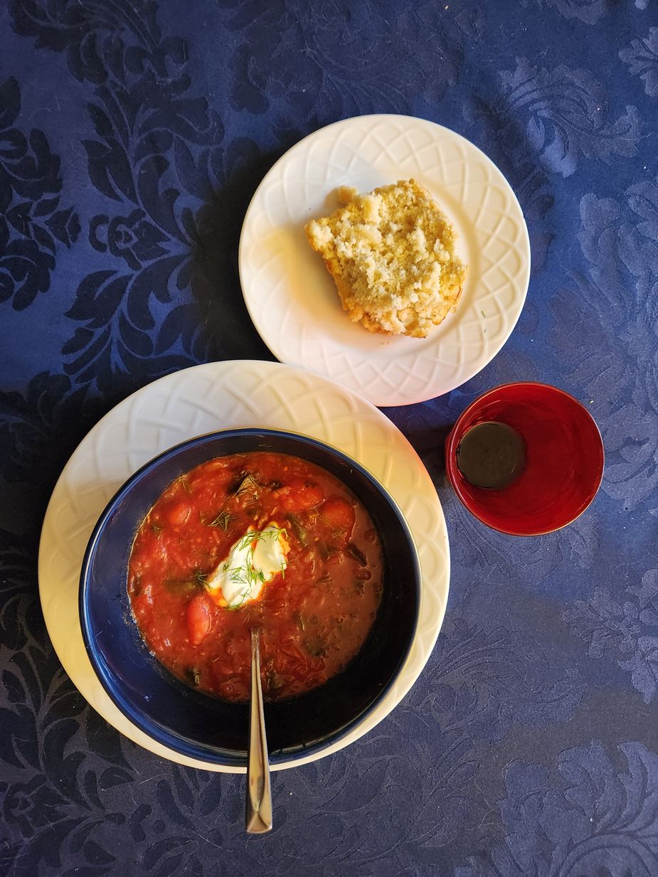 The Rossman style of borscht includes an earthy beet broth and generous chunks of savory stewed beef—plus a joyful dallop of sour cream.