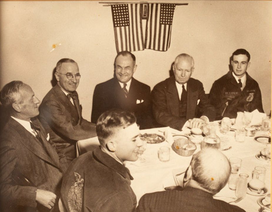 Then-Vice President Harry S. Truman dines with young FFA students, including Oliver Kinzie on the far right.