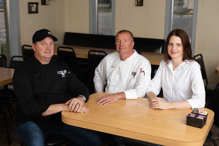 Jason Kinzie, Blake Hollingshead, and Macy Hollingshead at the Homestead Family Restaurant in Cushing. Photo by Brent Fuchs