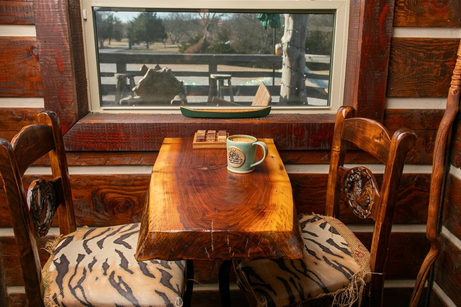 Trek Coffee Company's interior takes inspiration from mountain cabins in places like Crested Butte, Colorado. Photo by Brent Fuchs