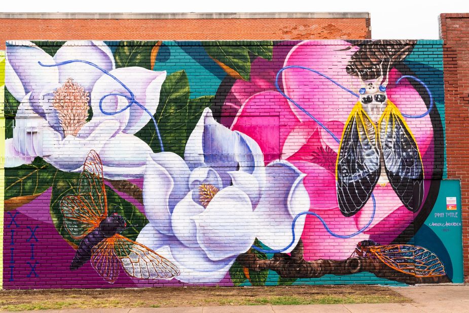 Downtown Claremore is set to get the Sunny Dayz Festival treatment, bringing all sorts of colorful murals—like this one by artists Sophy Tuttle and Amber Andersen titled Cicada Cadence, made for the 2024 Sunny Dayz Festival held in Ponca City