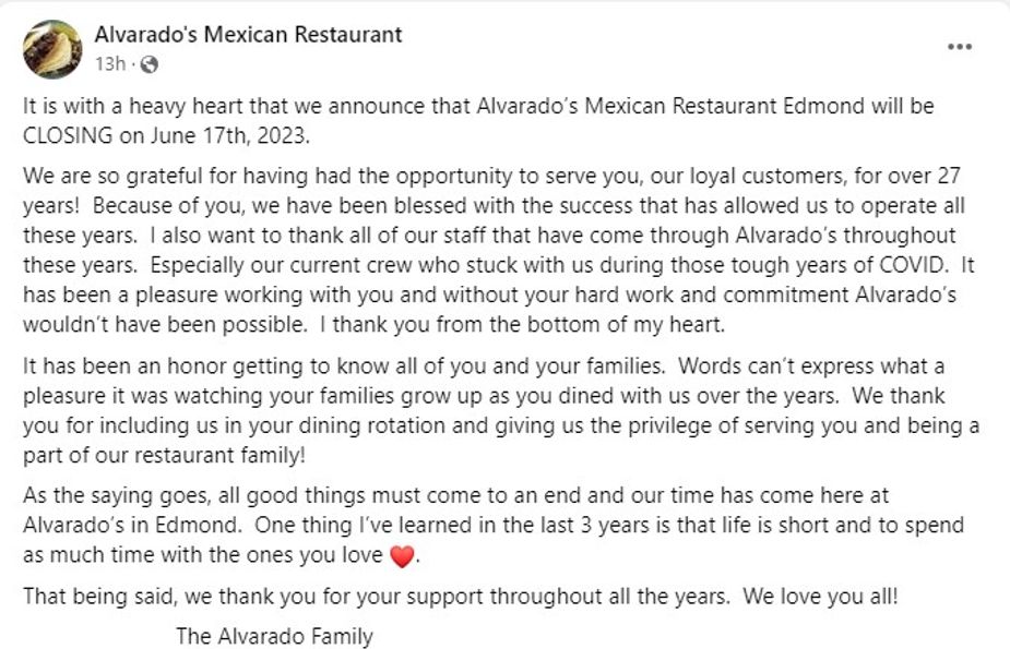 Alvarado's closing message from Facebook