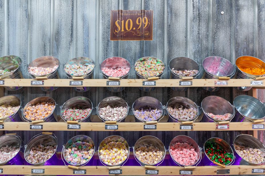 The Richards sell hundreds of candies by the pound, including sixty-three types of saltwater taffy. Photo by Saxon Smith / Oklahoma Tourism