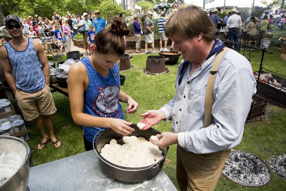 Guests at the Chuck Wagon Festival can sample and sometimes help make foods like grape dumplings, cobbler, stew, and cornbread. Photo by Lori Duckworth