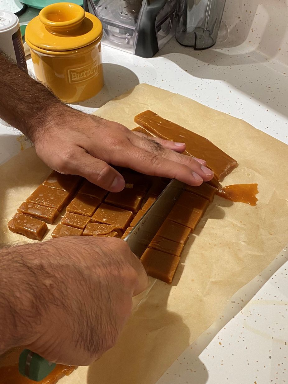The “cream candy” tastes wonderful—a nice, chewy caramel—but I don’t think they turned out how they were supposed to. They were also difficult to cut, but luckily I got me a man who helps in the kitchen. Photo by Karlie Ybarra