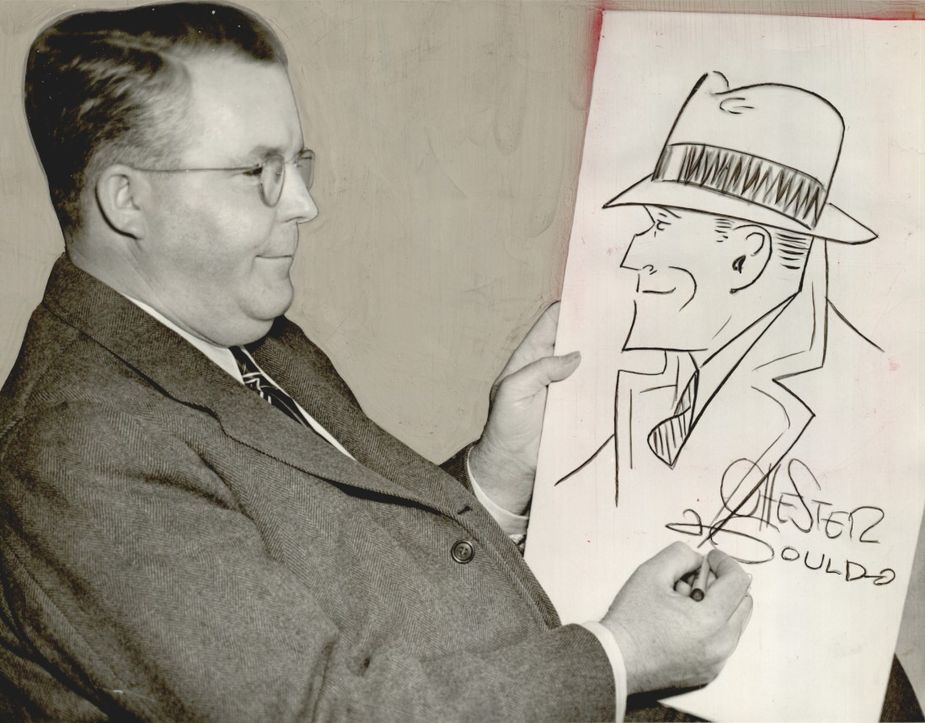 Oklahoma-born comic strip writer and artist Chester Gould sketching his most-famous character. Photo courtesy Oklahoma Historical Society