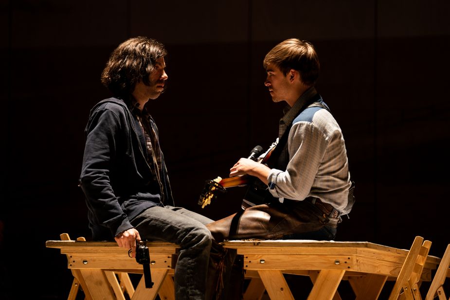 The intimacy with which Curly (Sean Grandillo) sings to Jud (Christopher Bannow) about how happy his suicide would make the town makes the song even more heartbreaking. Photo by Matthew Murphy and Evan Zimmerman for MurphyMade