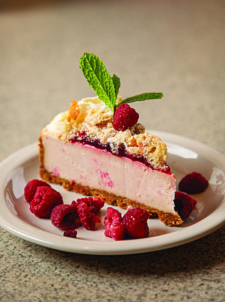 Slices of creamy raspberry cheesecake are found seasonally only at the Mustang restaurant.