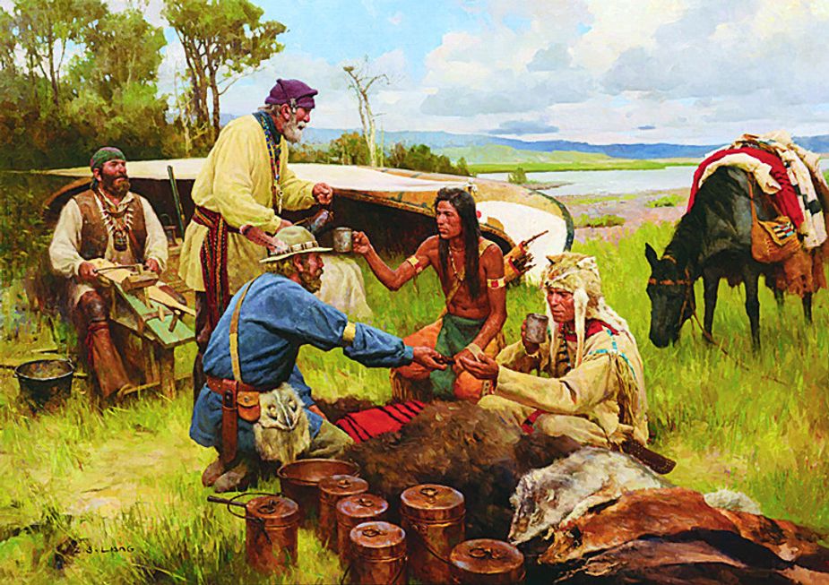 Z.S. Liang, "Friendly Finish to Trading, Upper Missouri River, 1808," oil on linen