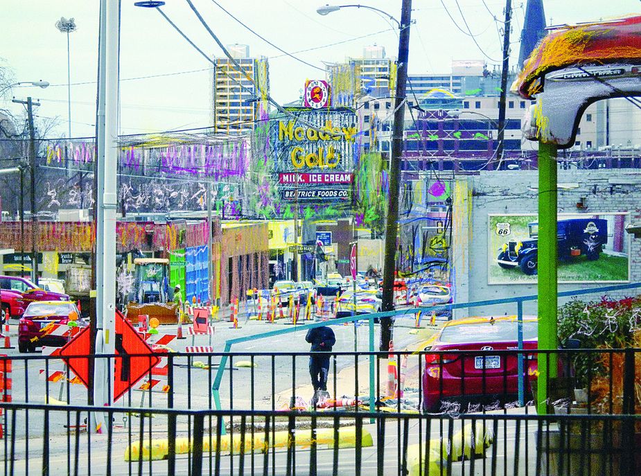 In recent years, Herron has started creating photo illustrations—drawing over photographs with colored pencils—like he's done here with this view looking west on East Eleventh Street. Photo by G. Oscar Herron