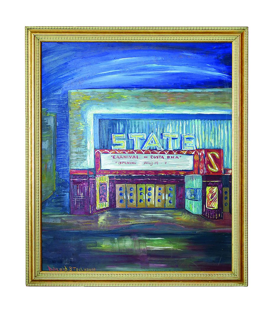 One of Stevenson's early works is of the movie theater across the street from his childhood studio and currently hangs in the lobby area of a downtown Idabel office building. Photo by Megan Rossman 