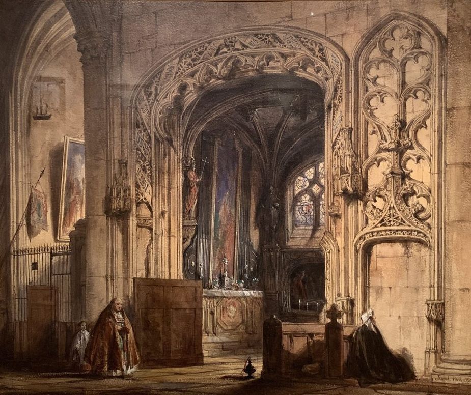 Figures in Church Interiors, Northern France by Samuel Prout is one of several monastic and religious themed works on display in Called by God: The Art of Religious Life at Shawnee's Mabee-Gerrer Museum of Art. Image courtesy Mabee-Gerrer Museum of Art