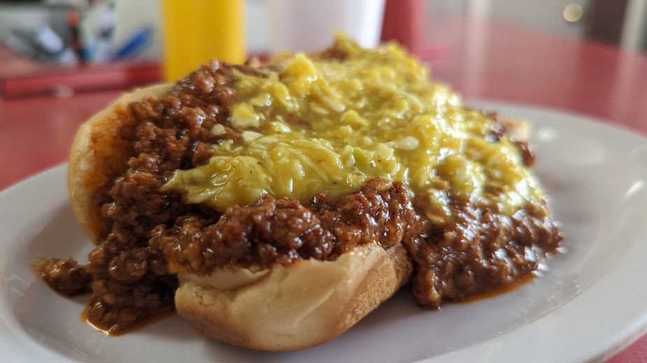 Piled high with chili and mustardy relish, the slaw dog is another El Reno delicacy. Photo by Greg Elwell