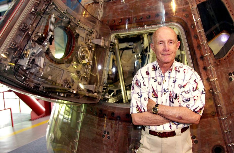 Stafford in 2002 next to the module he flew as the commander of the Apollo-Soyuz Test Project, which then was displayed at the Kennedy Space Center. Photo courtesy NASA