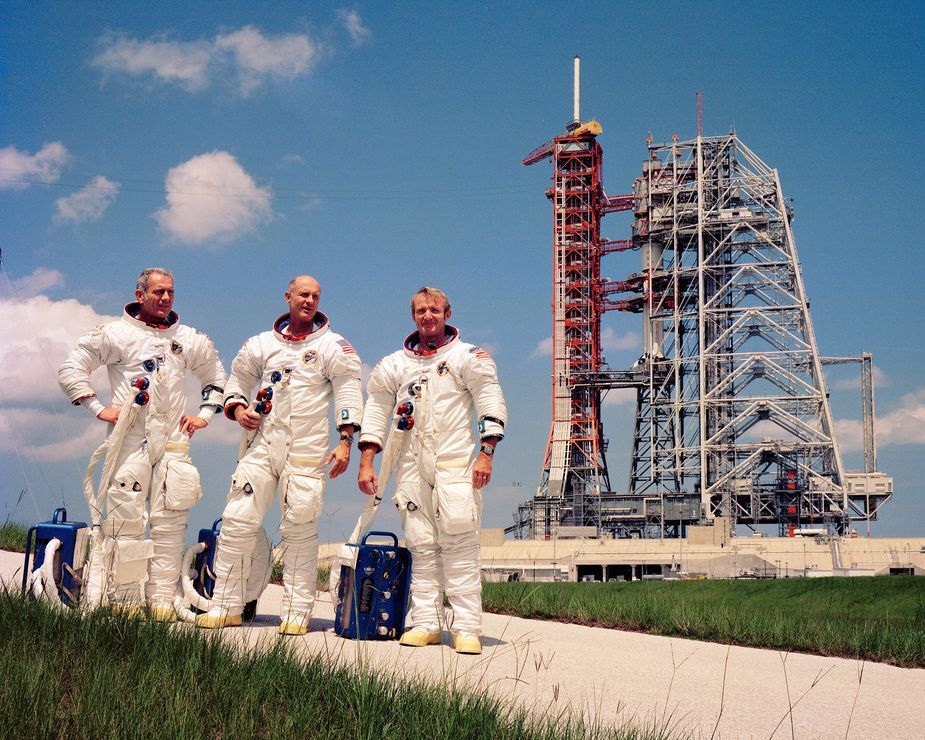 Donald “Deke” Slayton, Thomas P. Stafford, and Vance Brand after the Countdown Demonstration Test—a final dress rehearsal for the Apollo-Soyuz Test Project. Photo courtesy NASA