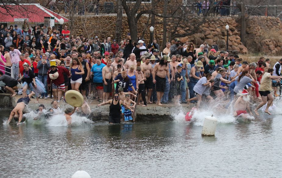 F-f-f-feeling too hot? An invigorating dip in Bath Lake during the Medicine Park Polar Plunge can help! Photo courtesy Lawton Constitution.