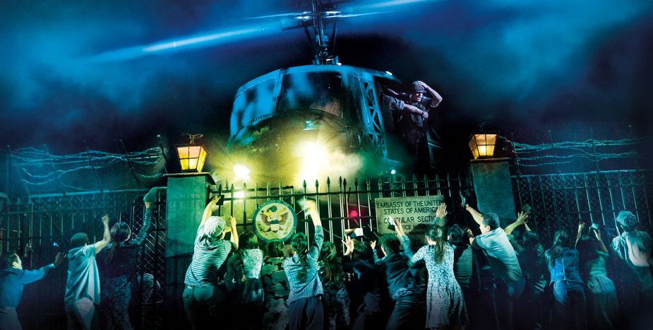Landing in "The Nightmare" is one of "Miss Saigon"'s most visually arresting set pieces. Photo by Matthew Murphy and Johan Persson.