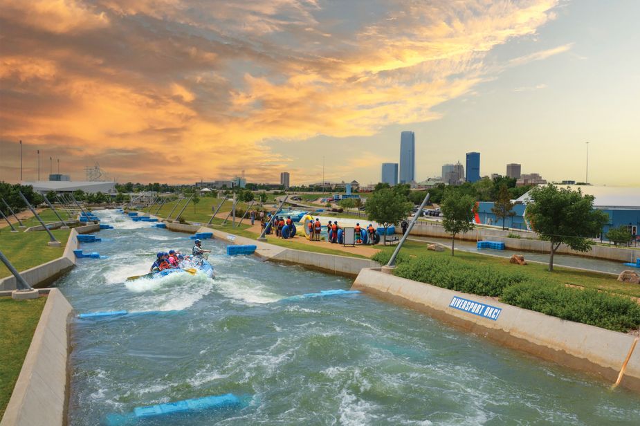 Enjoy aquatic recreation in the cooler evenings at Riversport OKC's NightWater. Longer hours and beautiful skies pair perfectly with rafting, tubing, and more. Photo courtesy Riversport OKC