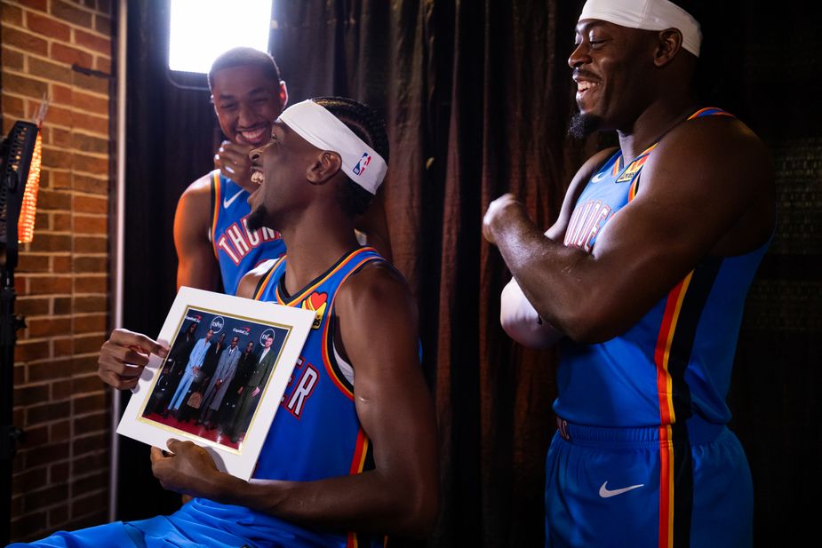Aaron Wiggins, Shai Gilgeous-Alexander, and Luguentz Dort interview for the Oklahoma Today Podcast at Thunder Media Day. Photo by Saxon Smith