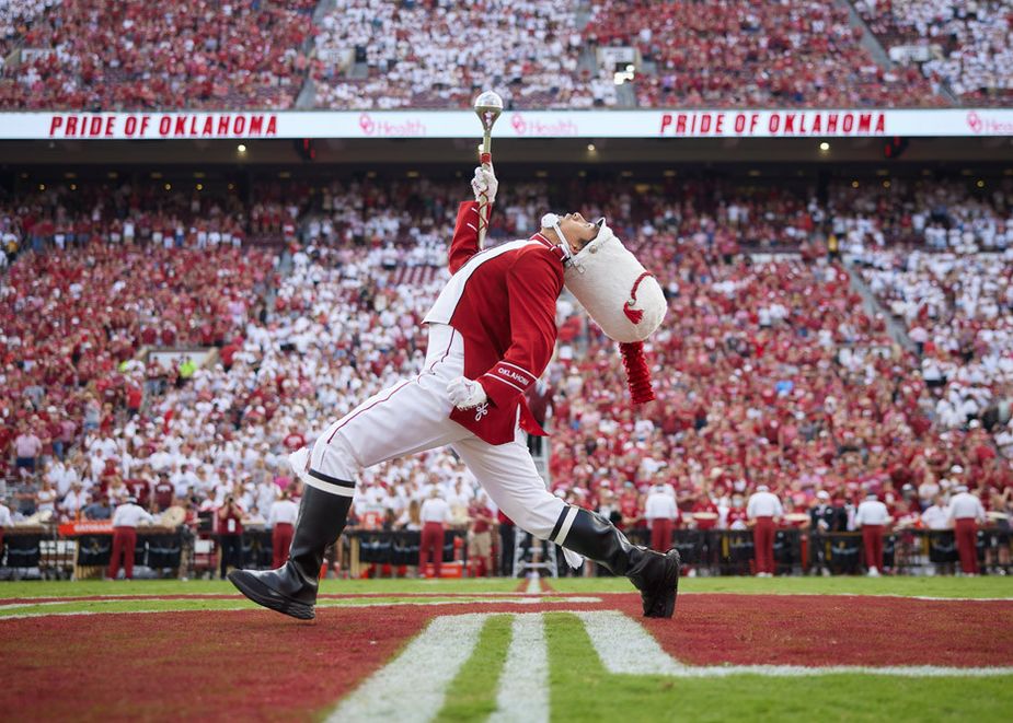 The Pride of Oklahoma Marching Band’s drum major struts across Owen Field during a pregame show. Photo courtesy Travis Caperton/University of Oklahoma