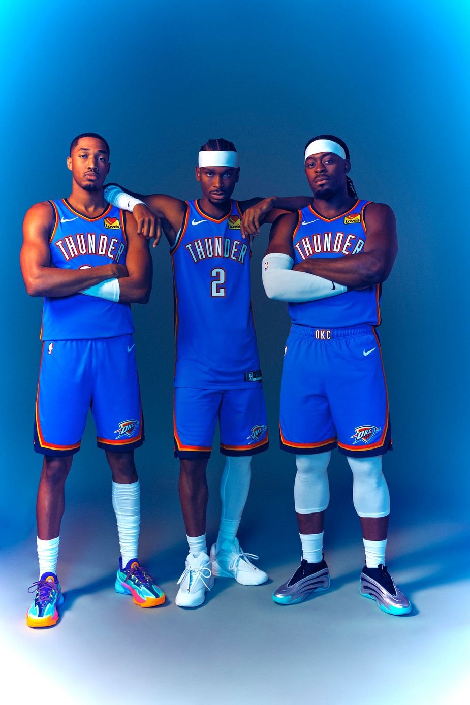 Thunder players Aaron Wiggins, Shai Gilgeous-Alexander, and Luguentz Dort pose for Oklahoma Today's November-December cover shoot. Photo by Jackson Adair