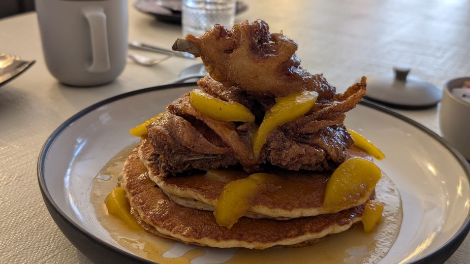 Buttermilk cornflake fried chicken and pancakes. Photo by Greg Elwell