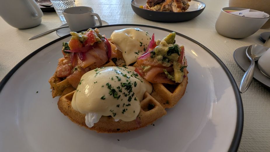 Waffle Benedict. Photo by Greg Elwell