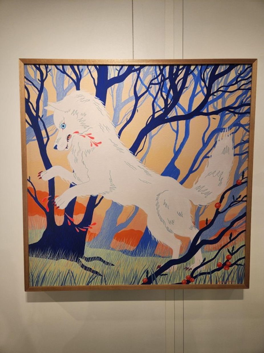 White Wolf by Madelyn Goodnight (Chickasaw); acrylic, gouache on canvas; 37”x37”