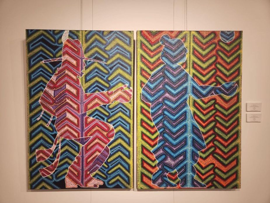Green Corn II and Green Corn I by Starr Hardridge (Muscogee); black acrylic venetian plaster, acrylic on canvas; 24”x36”