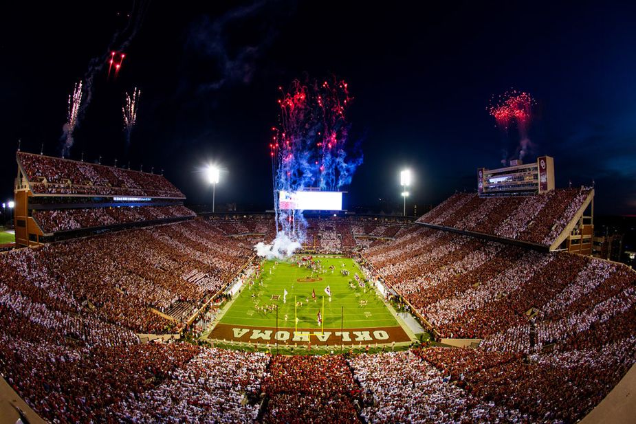 With fireworks, military flyovers, and music, the pregame festivities at Gaylord Family Memorial Stadium are almost as exciting as actual games. Photo courtesy Stacey West/University of Oklahoma