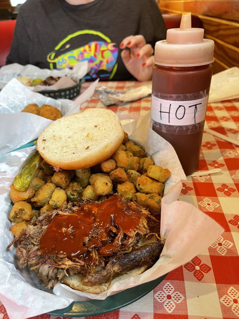 Railhead BBQ's brisket sandwich can be had alongside some of the finest fried okra in the state. Photo by Nathan Gunter