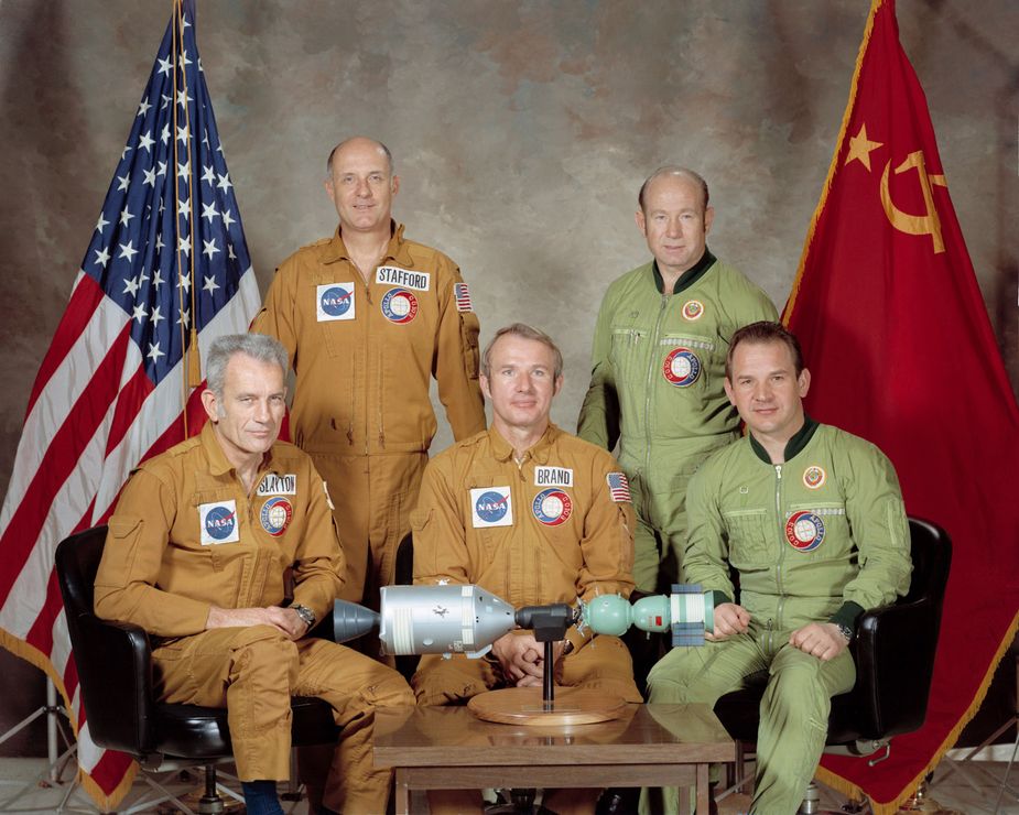 The joint crew for the Apollo Soyuz Test Project. Clockwise from top left: Astronaut Thomas P. Stafford; Cosmonaut Aleksey A. Leonov, commander of the Soviet crew; Cosmonaut Valeriy N. Kubasov; Astronaut Vance D. Brand; and Astronaut Donald K. Slayton. Photo courtesy NASA