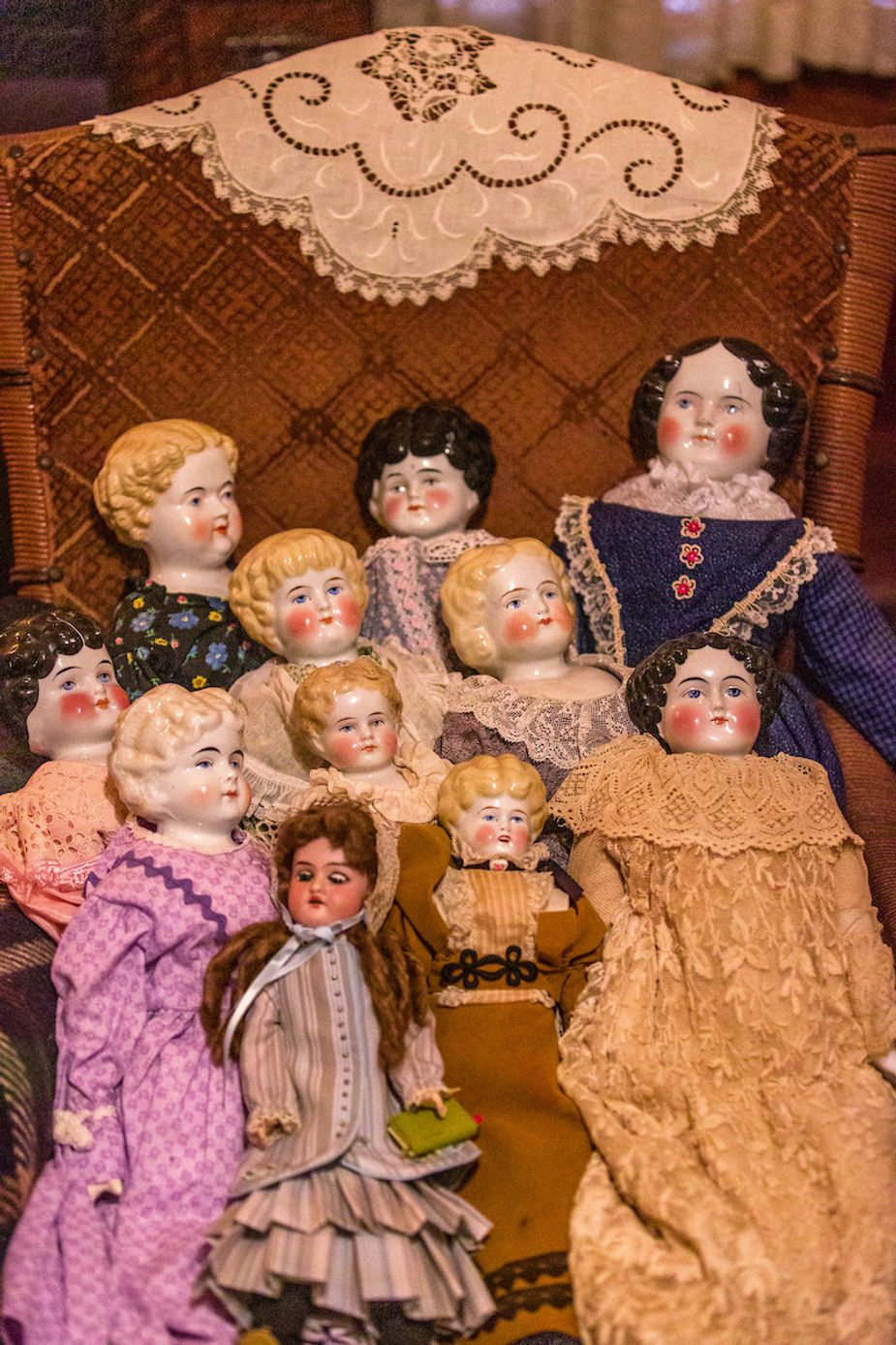 Appreciate the art and history of old-fashioned dolls during the Antique Doll Exhibit at the Fred and Addie Drummond Home in Hominy. Photo courtesy Oklahoma Historical Society