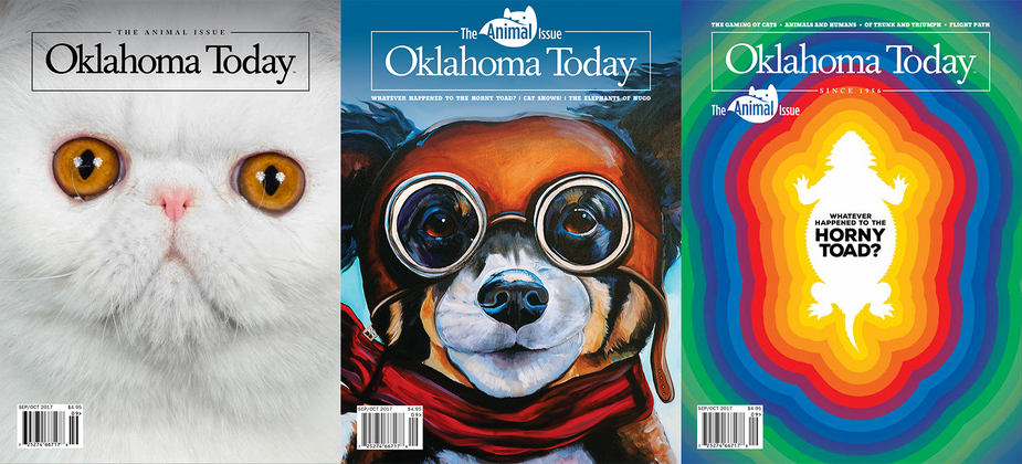 Three options for our September/October 2017 cover; the final published product is in the center, featuring art by Matt Moffett of Tulsa.