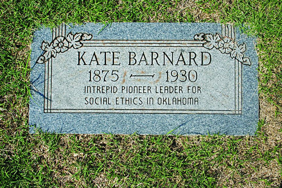 A small, unassuming stone at Fairlawn Cemetery in Oklahoma City was added to Kate Barnard's unmarked grave decades after her death. Photo by Megan Rossman