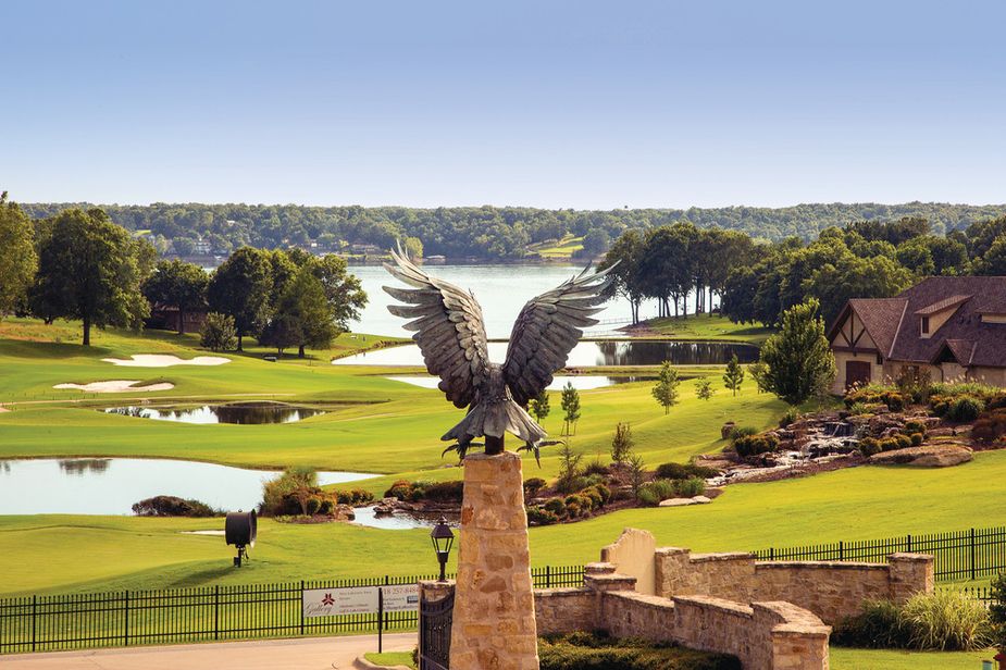 The 1,200-pound eagle outside the Shangri-La golf club memorializes the original resort.