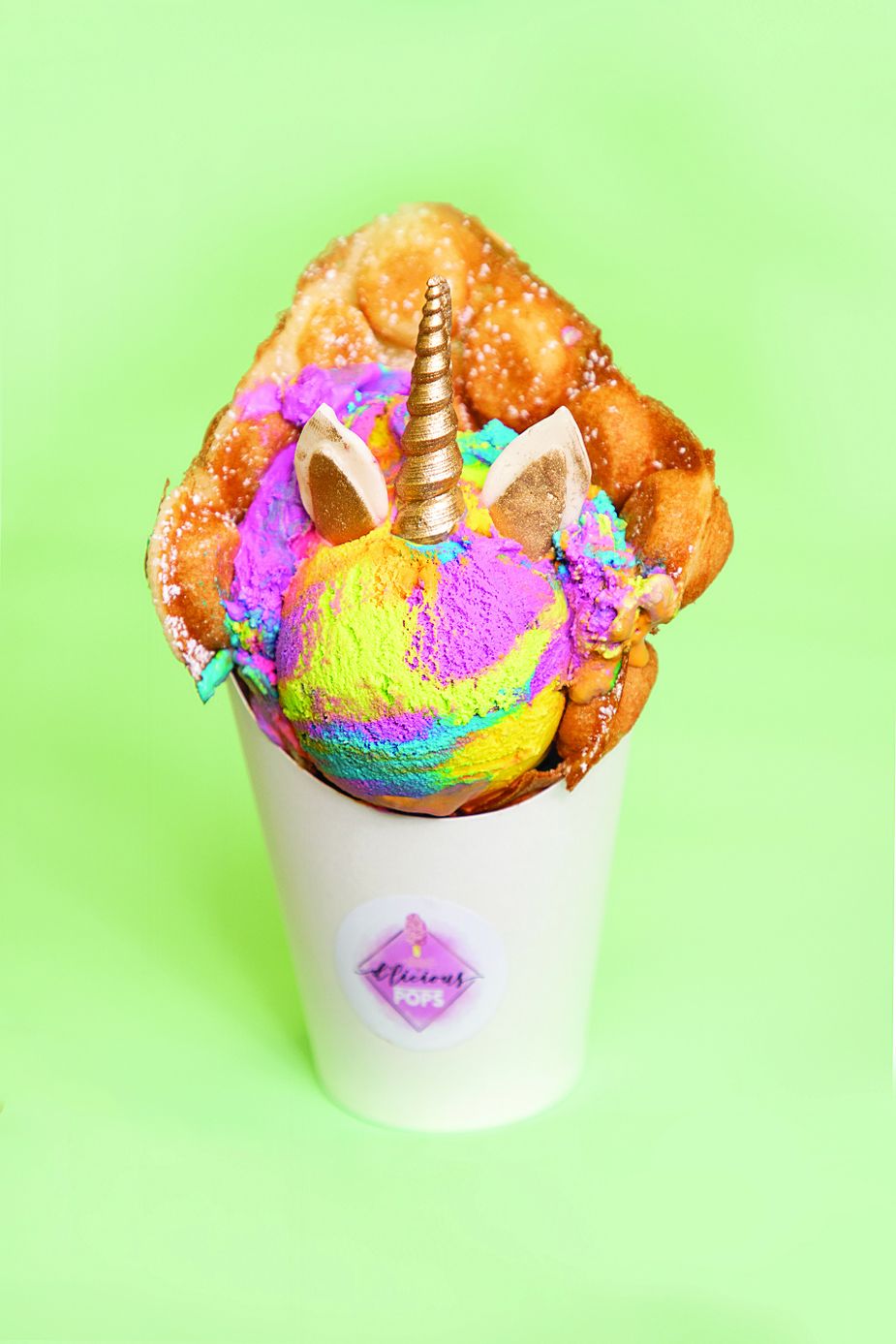The unicorn bubble waffle treat is one of many beautiful and delectable menu items at D’licious Pops in Woodward. Photo by Lori Duckworth