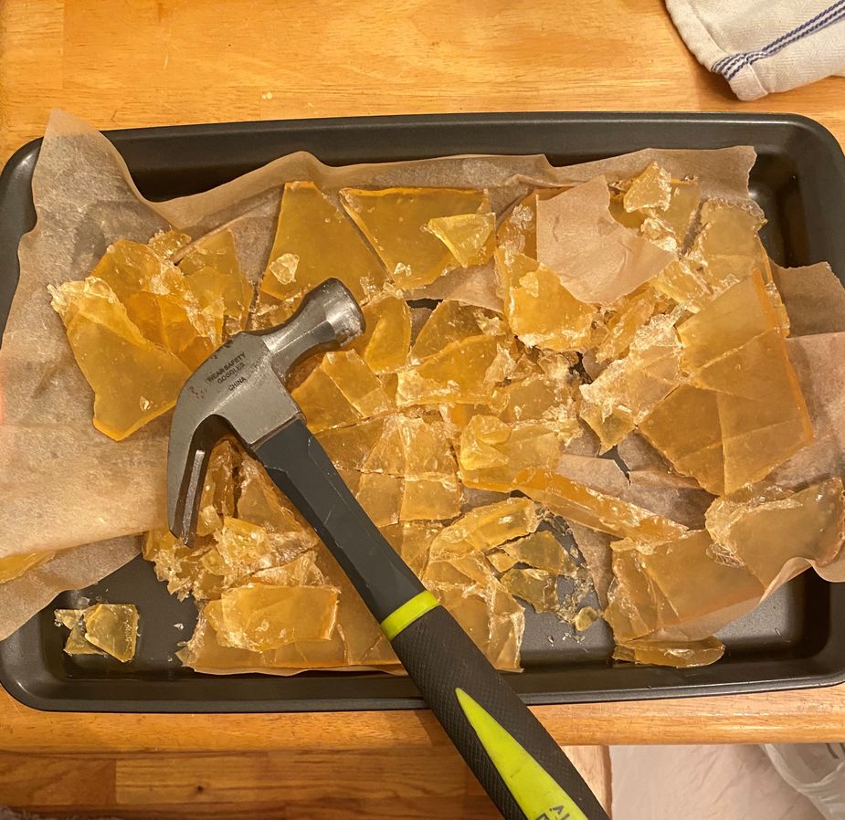 The first batch of sugar candy I flavored with coconut extract. It tasted good, but it was so thick it was hard to break up or eat. Photo by Karlie Ybarra
