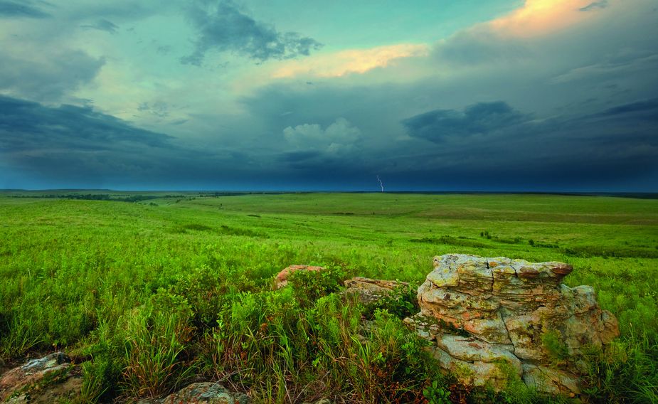 Spring storms roll across the Joseph H. Williams Tallgrass Prairie Preserve in Osage County near Pawhuska. Photo by Mike Fuhr