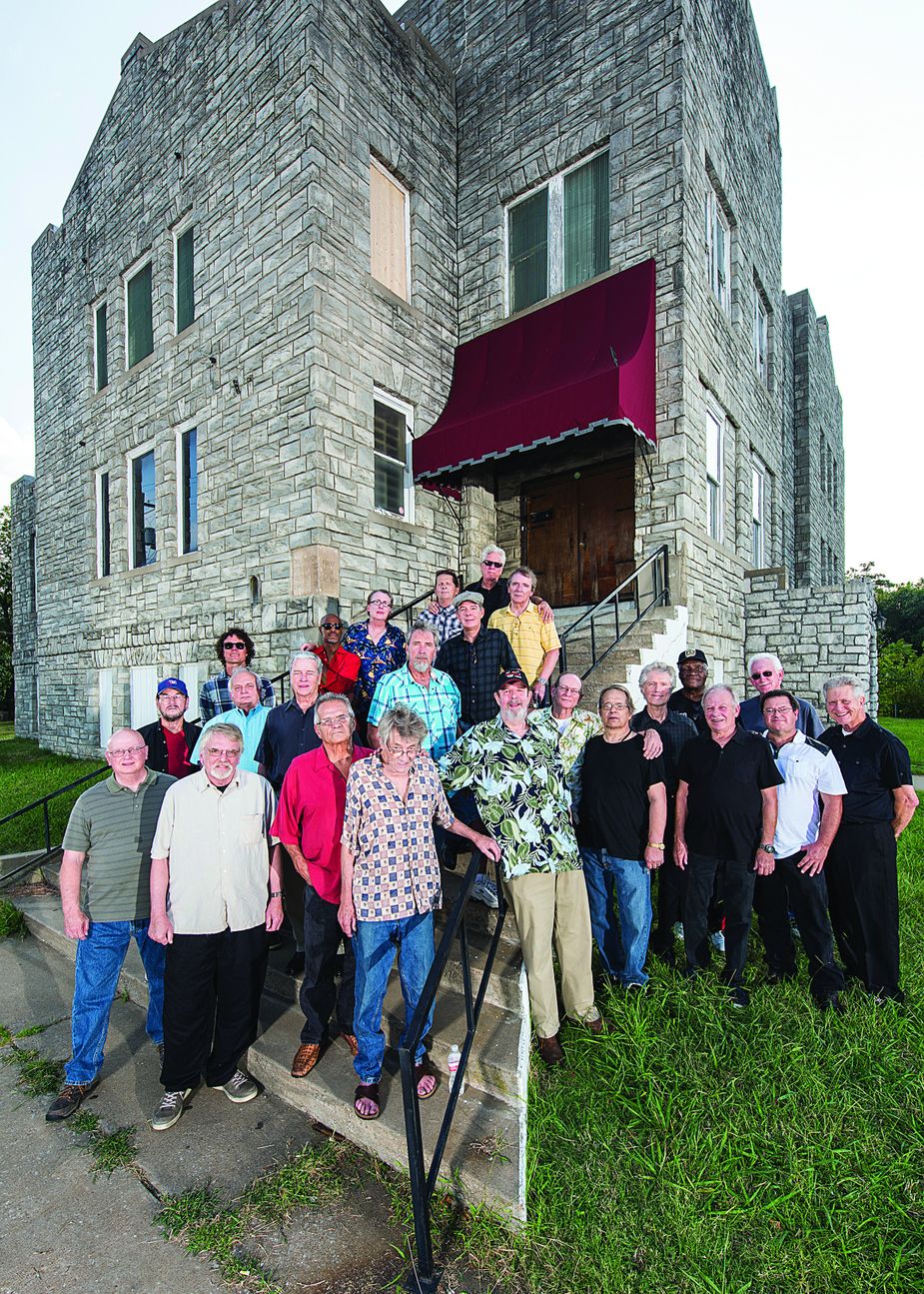 The Church Crowd: On September 19, 2014, Jeremy Charles photographed 24 men affiliated with the Tulsa Sound at the Church Studio. Front row: Jim Byfield, Roger Roden, Jimmy Markham, Chuck Blackwell, Tommy Tripplehorn, Tommy Crook, Larry Bell, Frank Brown, Ray D. Rowe, David Teegarden, Gary Gilmore, Danny Baker, Johnny Williams. Second row, on stairs: Don White, Chuck DeWalt, Bobby Taylor, John Hoff, Scott Musick, Jim Downing. Back row: Brian Haas, Billy Estes, Scott Ellison, Steve Pryor, Jamie Oldaker.