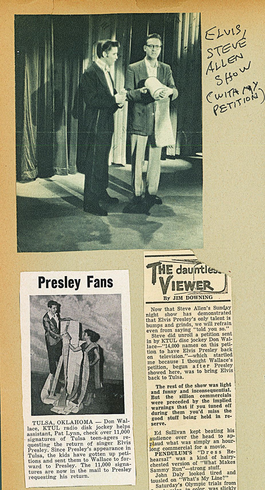 After Elvis Presley performed in Tulsa in 1956, KTUL disc jockey Don Wallace sent him an 11,000-signature petition requesting his return. Photo courtesy OKPOP Museum/Don Wallace Collection