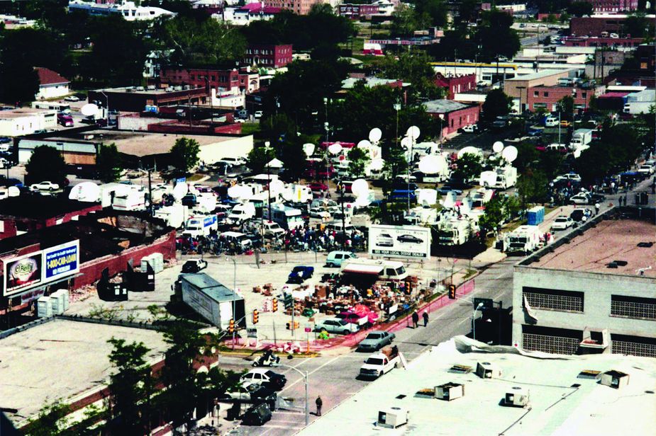 News media from around the world gathered in downtown Oklahoma City following the April 19, 1995, bombing of the Alfred P. Murrah Federal Building. Photo by Oklahoma City Fire Department/Oklahoma City National Memorial & Museum.