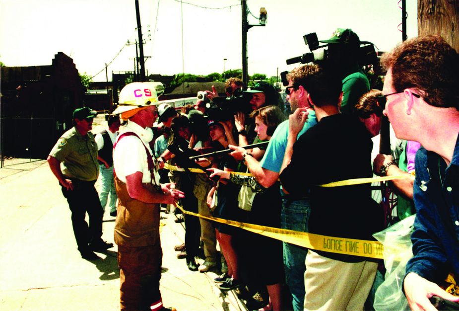 As officials and responders worked around the clock, reporters clamored for answers in the wake of the bombing. While worldwide media focused on the day’s events, local journalists were the first to tell the story as it unfolded. Photo by Oklahoma City Fire Department/Oklahoma City National Memorial & Museum.