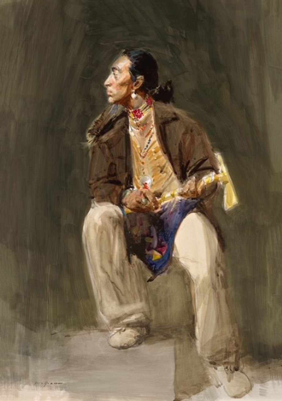 The Woolaroc Retrospective Exhibit & Sale is a chance to own stunning art like "Reluctant Warrior" watercolor on Bristol board by Sherrie McGraw.