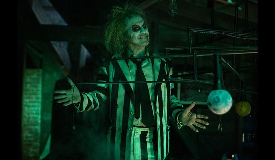 Actor Michael Keaton returns to the titular role in Beetlejuice Beetlejuice, now streaming on Max. Photo courtesy Warner Bros.