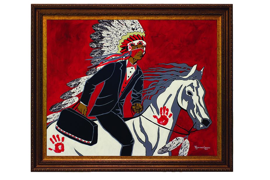 Painted in 2017, "Briefcase Warrior" by Comanche artist Eric Tippeconnic is one of the newest works on display at the Judicial Center. Photo by John Jernigan