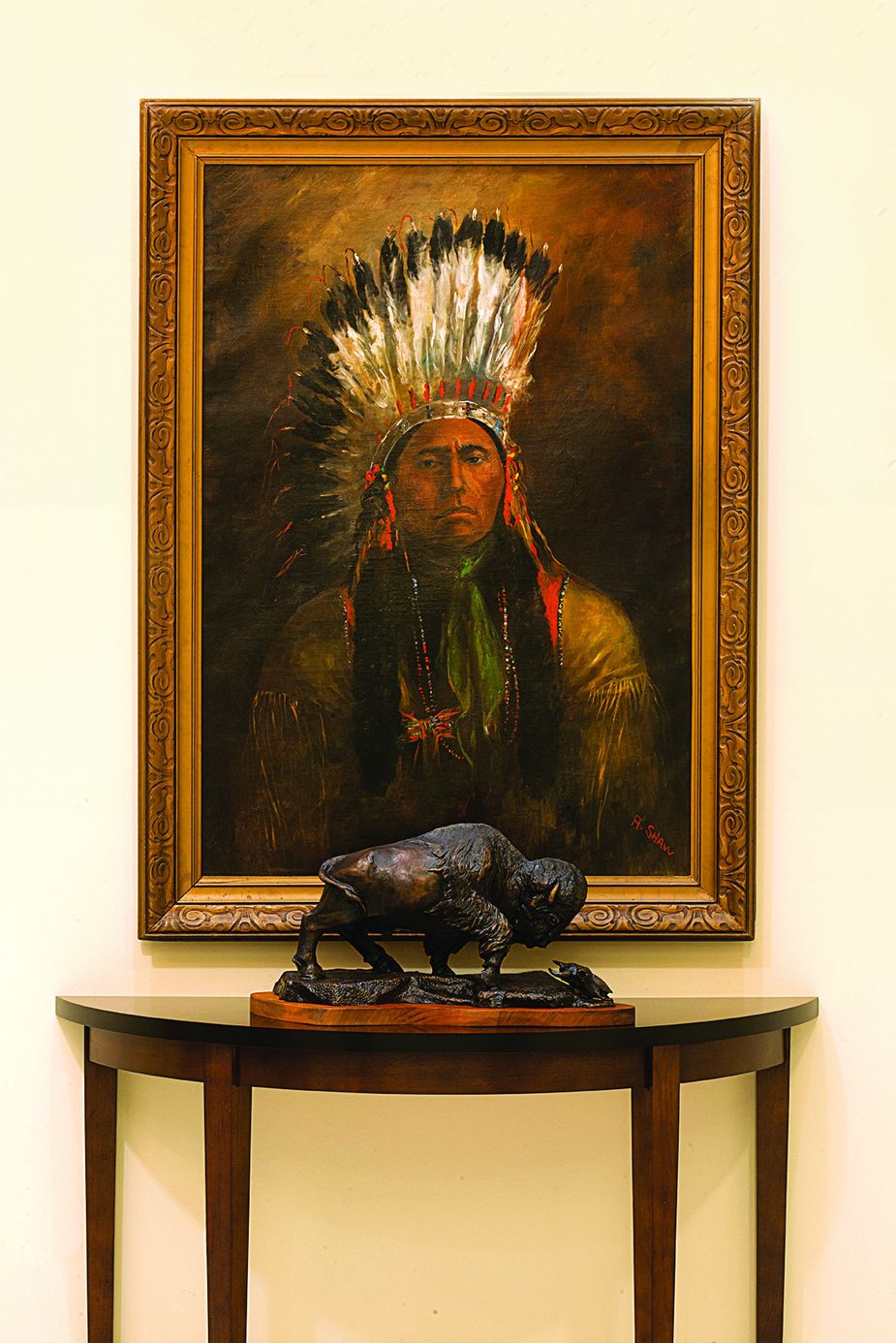 Not much is known about A. Shaw, who created the portrait Quanah Parker, which depicts the famous Comanche chief. Cherokee Troy Anderson sculpted the bronze buffalo titled "Not Forgotten." Photo by John Jernigan