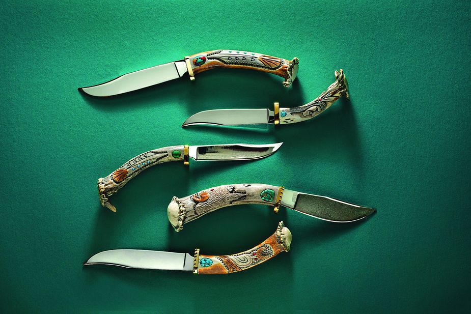 A variety of knives created by Choctaw and Cherokee artist Paul Hacker. Photo by John Jernigan